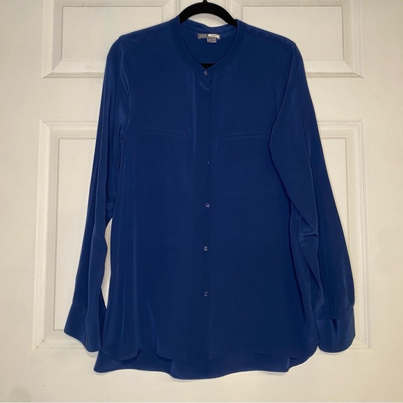 Vince Blue Silk Oversized Pocket Blouse Button Front Shirt Size 10 - Picture 2 of 12